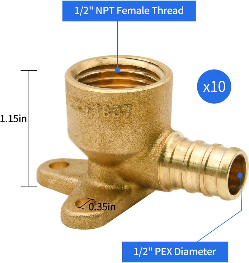 Ruby Q 10 Pack Drop Ear Elbow Fittings, PEX 1/2" x 1/2" NPT Female Threaded Adapter Crimp Fitting, Brass, Full Port for PEX pipes in plumbing jobs - Image 2